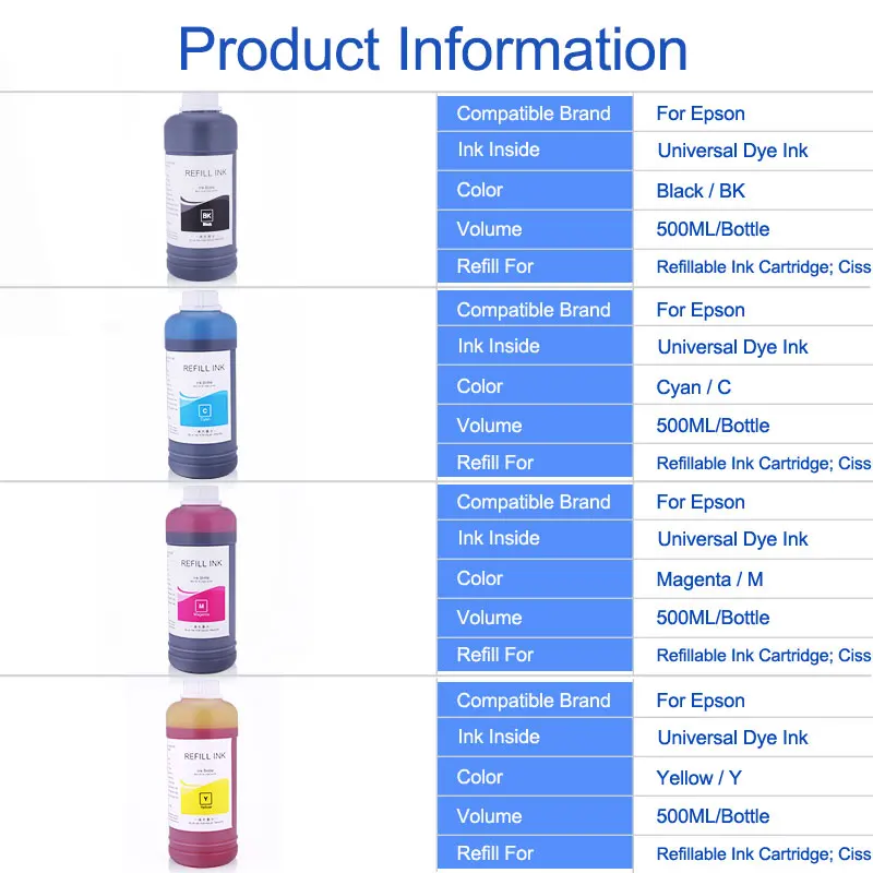 500 мл/Botte Заправка чернилами для принтера Epson L100 L200 L395 CX3900 CX4300 CX7300 TX117 TX119 S22 SX125 XP101 XP202 чернила для струйных принтеров