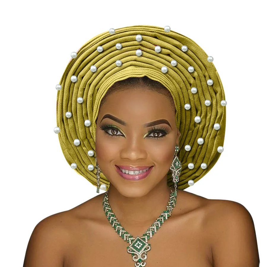 

Aso oke gele nigerian woman headtie with white beads african woman auto gele for wedding headwear 2018