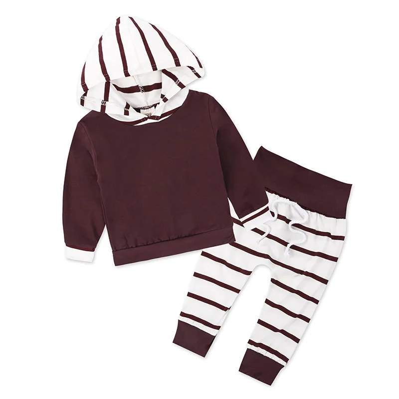

Brown Newborn Baby Boys Clothes Stripe Soild Bebes Hooded Top Pant 2pcs Autumn Winter Suit Bebek Giyim Clothing Set