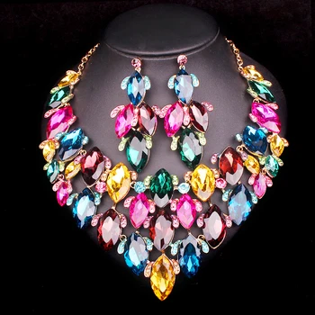 

Gorgeous Indian Bridal Jewelry Sets Wedding Necklace Earrings set For Brides Party Accessories Crystal Costume Decoration Women