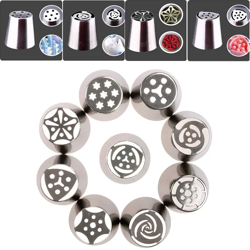 

9PCS/Set Stainless Russian Pastry Icing Piping Nozzles Beak Russian Tips Cake Decorating Tools For DIY Baking Fondant CupCake