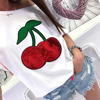 

Summer Sexy Off Shoulder Top T-shirt Women T Shirt Sequin Cherry Applique T-shirts Tee Shirt Femme