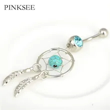 PINKSEE 1 Pc Fashion Navel Piercing Belly Bar Ring Dream Catcher Dangle Button Crystal Double Leaves