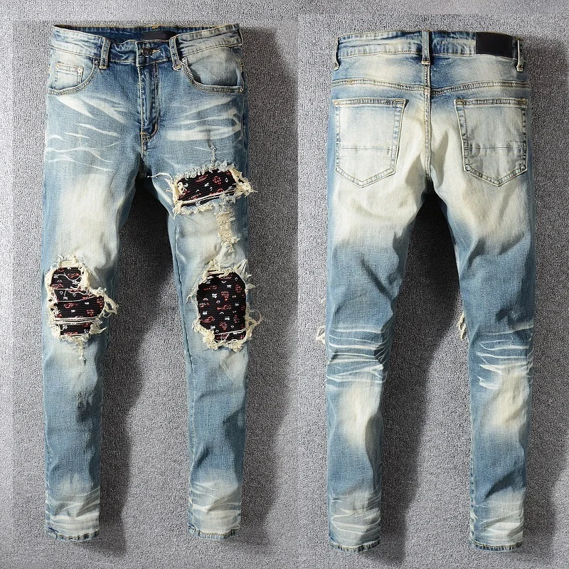 

New Italy Style #580# Men's Distressed Hollow Out Art Ribs Patches Skinny Denim Washed Blue Jeans Slim Trousers Size 28-40