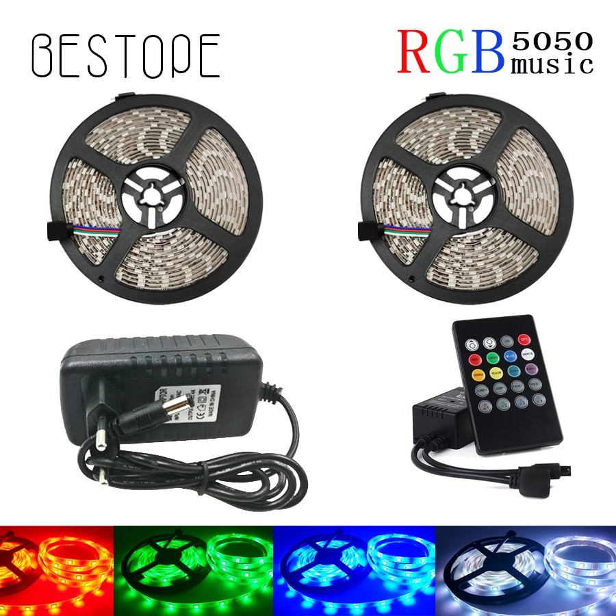 cheap BESTOPE 10M 5050 RGB LED Strip Waterproof DC 12V 5M RGB LED Strips Light Flexible with 3A Power and music Remote Control SET