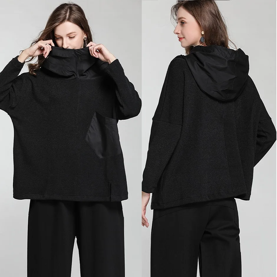 

New 2018 Winter Fashion Ladies Loose Fit Pullover Hooded Sweater Raglan sleeves patchwork knitted blouse casual tops plus size