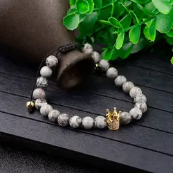 DOUVEI серый натуральный камень браслет из бисера для мужчин Золотая Корона Циркон браслеты, Прямая поставка и браслеты для женщин Pulseras ABL027