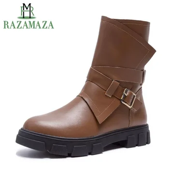 

ZALAVOR Women Genuine Leather Flats Boots Quality Buckle Zipper Winter Shoes Women Designer Half Short Knight Boots Size 34-43