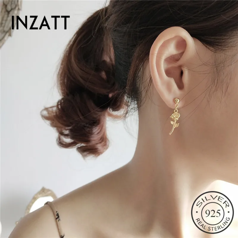 

INZATT Romantic Loves' Gold Color Rose Flower Dangle Drop Earrings Real 925 Sterling Silver Fashion Jewelry For Women Bijoux