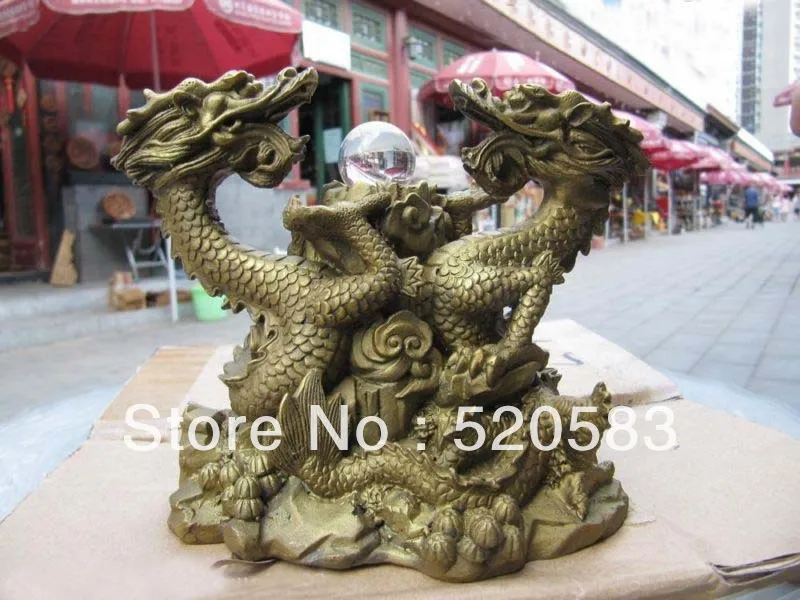 

free Chinese Refined Copper Fengshui Two Dragon Play glass Bead statue fast