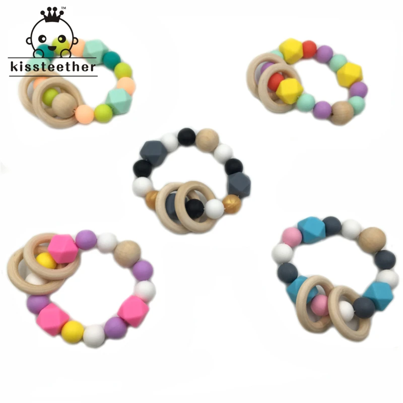 5pcs Baby Teether Nursing Bracelet Silicone Beads Wooden Ring Beads