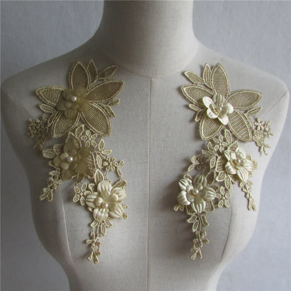 

New style golden Floral Applique pearl Decorated DIY Lace Collar Fabric Sewing Applique Supplies a pair for sale YL558