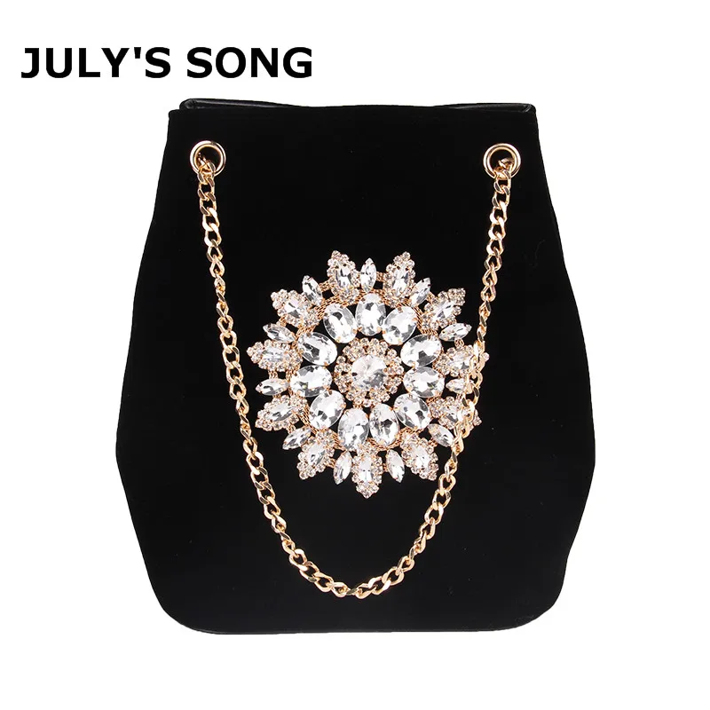 

JULY'S SONG Velour Bucket Bag Women Embroidery Diamond Handbag Ladies Velvet Shoulder Bag Elegant Crystal Floral Chain Bags