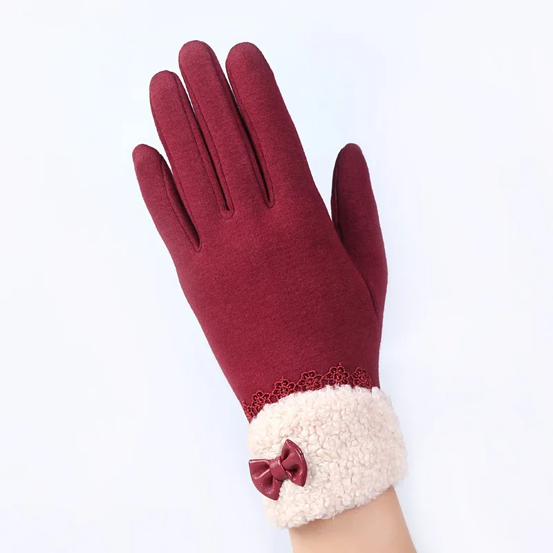 Модные элегантные женские перчатки с сенсорным экраном, зимние женские кружевные теплые кашемировые перчатки с бантом, перчатки на запястье, подарок 16A-F - Цвет: A Maroon