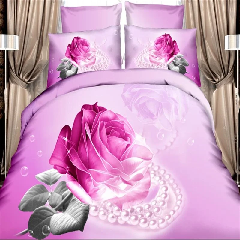 

3D Pink Rose and Jewelry Floral Designs Bedding Set for King/Queen Size Bed,100% Cotton 4 pcs Bed in a Bag Quilt Cover Bed Linen
