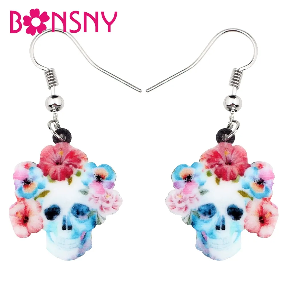 

Bonsny Acrylic Halloween Floral Skull Earrings Drop Dangle Big Long New Fashion Punk Jewelry For Women Girl Ladies Charms Bijoux