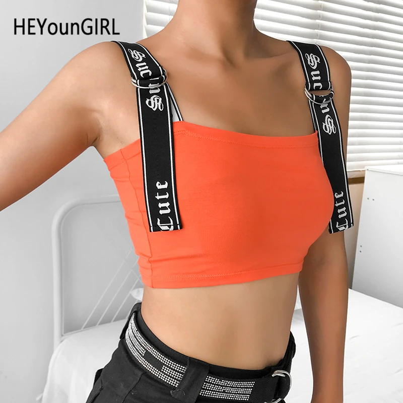 

HEYounGIRL Orange Sleeveless Tank Top Women Letter Print Casual Strap Cropped Tops Tees Backless Harajuku Camisole Summer Street