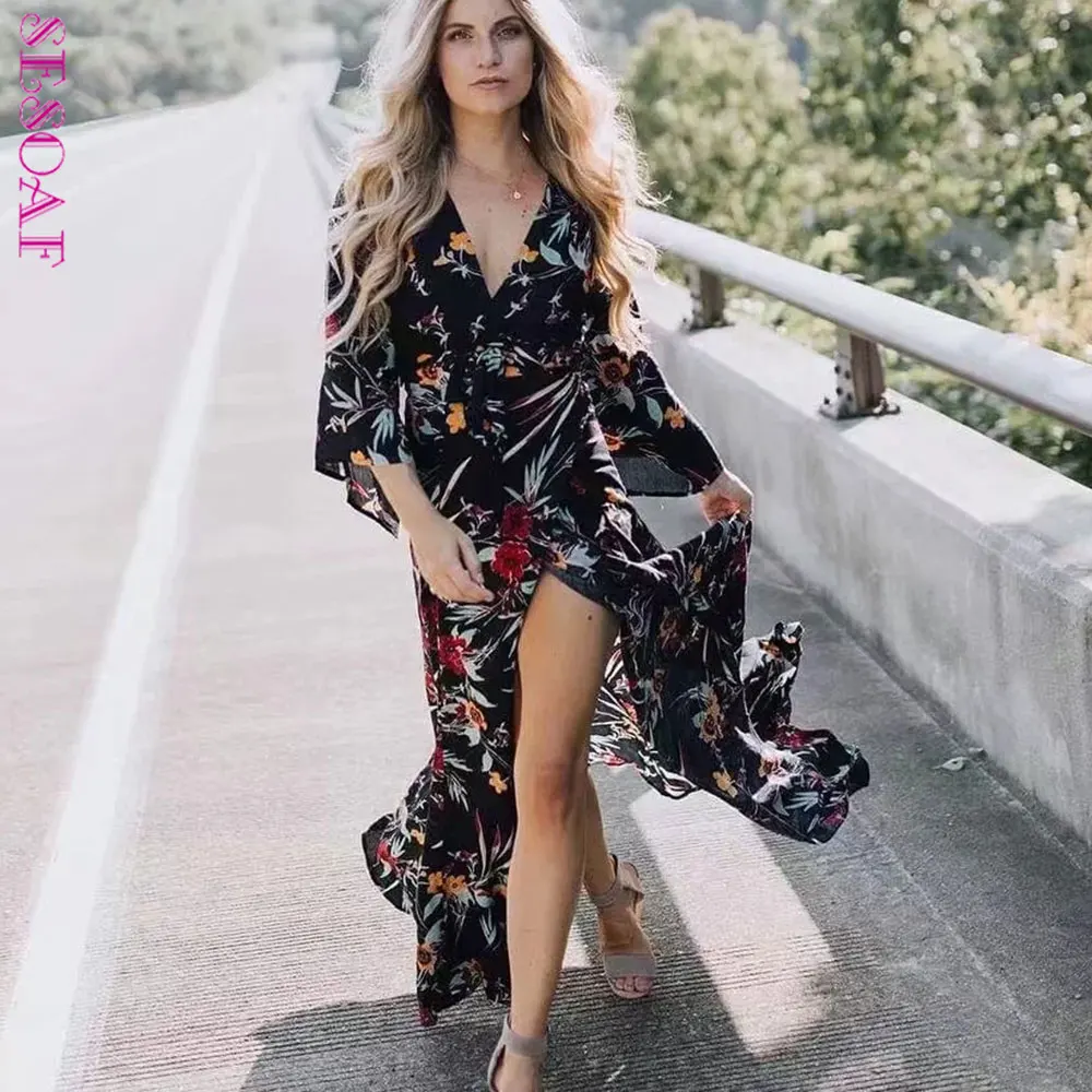 SESOAF Summer Floral High Slit Sexy Deep V Neck Women Dress Maxi Beach