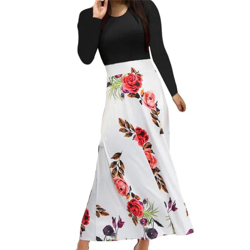 

Spring Autumn Women Dress Fashion Female Long Sleeve Floral Print Long Maxi Dress Ladies O-neck Casual Ankle-Length Dress