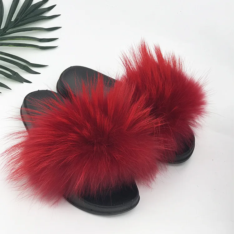28 Colors Real Fur Slippers Women Fox Fluffy Sliders Comfort with Feathers Summer Flats Sweet Ladies Shoes