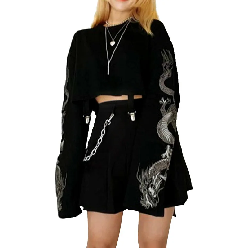 

Gothic Spring Autumn Women Two Pieces Sets Black T Shirt Kawaii Mini Skirt Suits Korean Style Harajuku Top Women Skirt Sets
