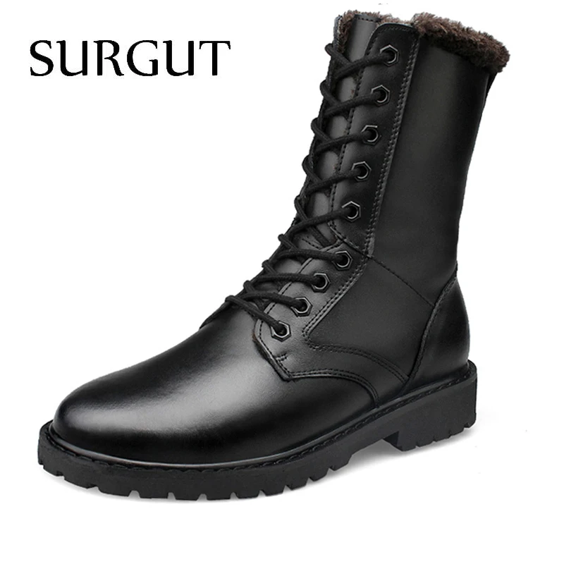 

SURGUT Retro Combat Boots Winter Plush British Style Real Leather Military Boots Charm Low Heels Snow Men Boots Big Size 37-46