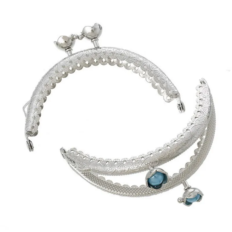 

10Pcs Ruffled Silver Tone Clutch Handbag Coins Purse Arch Frame Kiss Clasps Clips Lock Handle Blue Resin Flower 8.8x5.8cm