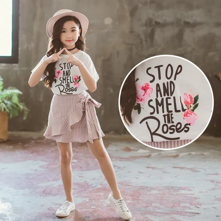 2019 Summer Children Clothing Set For Teenage Girls Fashion Letter Flower Tshirt Ruffles Skirt 2Pcs Kids Clothes Suit 10 12 Year (1)
