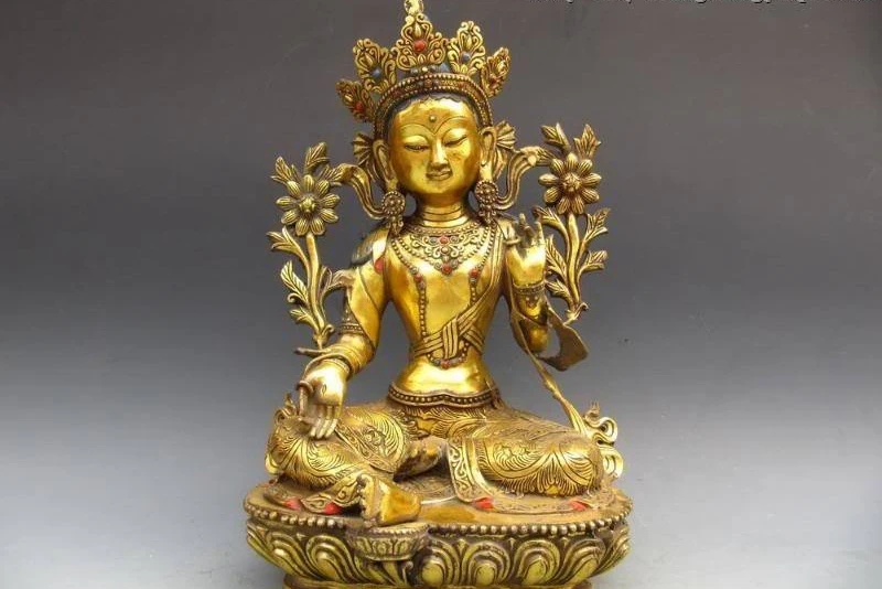 

Buddhism Bronze Gild lotus flower Green TaRa GuanYin Kwan-Yin Buddha Statue