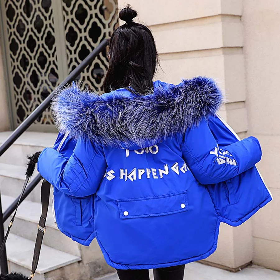Модная одежда зимняя куртка женская хлопка-проложенный толстый теплый меховой воротник с капюшоном куртки женские зимние парка женская верхняя пальто женское большие размеры одежда - Цвет: Blue