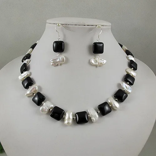 Уникальный жемчуг ювелирный магазин, белый цвет настоящий пресноводный жемчуг скварц ожерелье из черного агата 925 серебряные серьги ювелирный набор