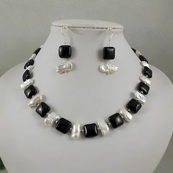 

Unique Pearls jewellery Store,White Color Real Freshwater Pearl Squartz Black Agate Necklace 925 Silver Earrings Jewellery Set