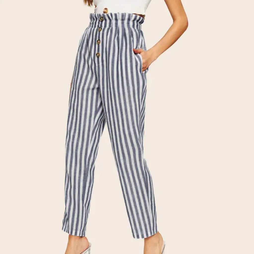 

Casual Women's Striped Button High Waist Office Pants Women Trousers Straight Pants Casual Waist Loose Pants Tightness Trousers