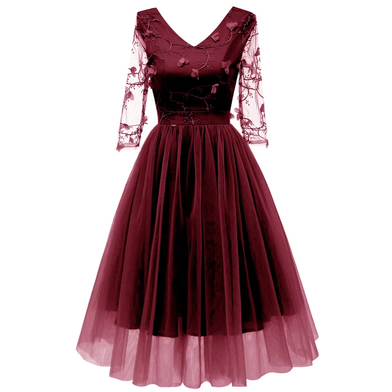 Элегантные Вечерние Платья для подружек невесты с прозрачными рукавами и жаккардовой вышивкой, шифоновые сексуальные вечерние платья с открытой спиной - Цвет: wine red