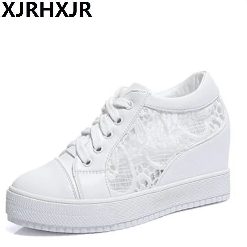 

XJRHXJR 8CM Hidden Heels Wedges Lace Up Casual Shoes Woman Fashion White Black Breath Platform Height Incresing Comfort Shoes