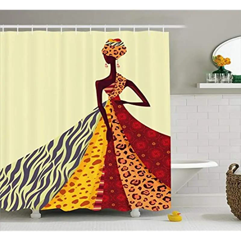 

Vixm Afro Shower Curtain African Girl Posing with a Dress of Different Design Patterned Image Fabric Bath Curtains