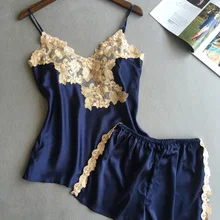 Женские пикантные шелковые Satin Pajama Set Кружево пижамный комплект без рукавов pijama набор v-образным вырезом пижамы летняя Домашняя одежда для сна Для женщин