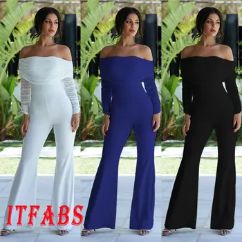 

New Women Ladies Fashion Casual Solid Summer Jumpsuit Bodycon Party Long Sleeve Off Shoulder Jumpsuit Trousers