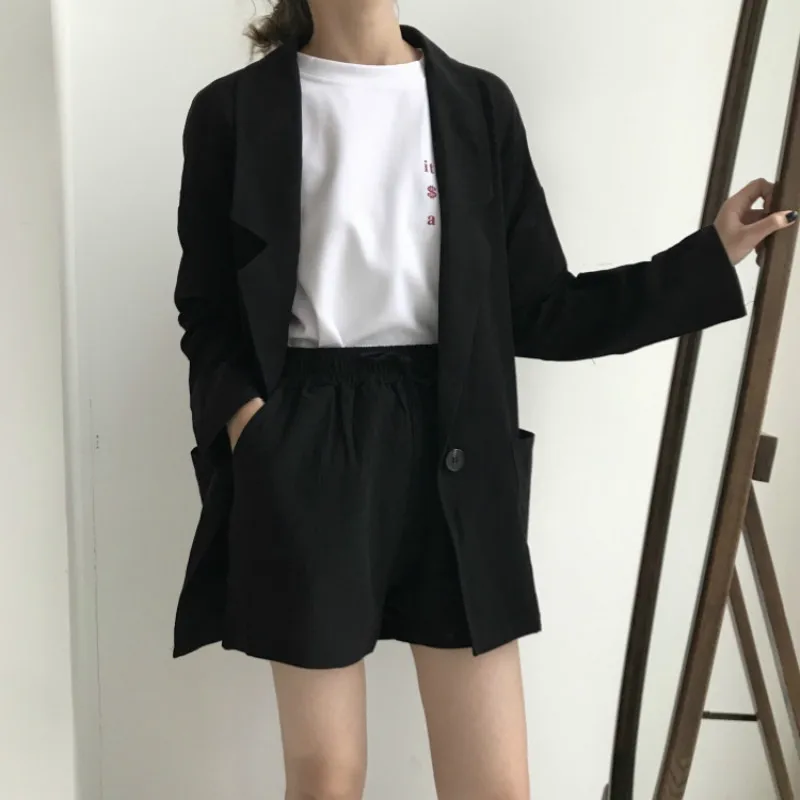 

Chiffon Two Piece Thin Blazer Suits Summer Autumn Shorts Suits Long Sleeve Casual Shorts+Blazers 2 Piece Women's Sets Jacket