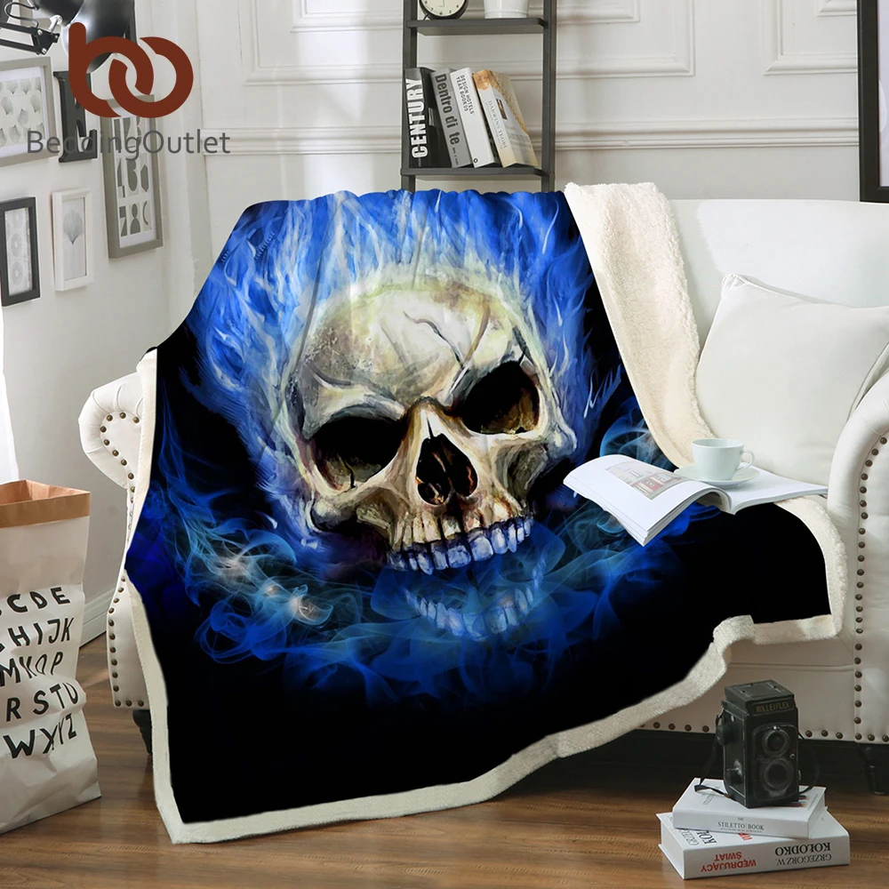 

BeddingOutlet Flame Skull Collection Gothic Sherpa Blanket Plush Soft Throw Blanket Blue Orange Fire Thin Quilt Cool 3d Bedding