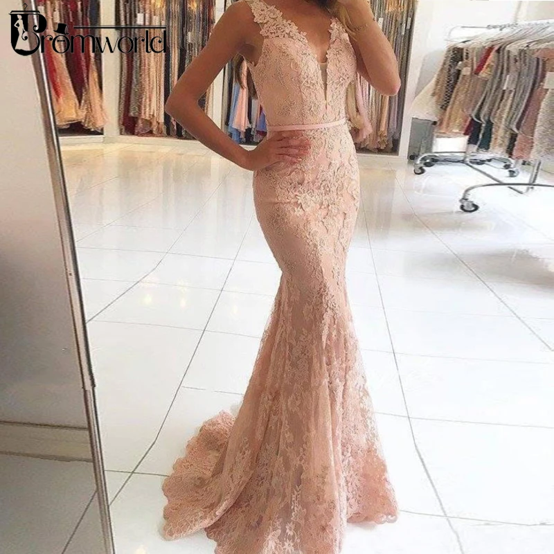 

Mermaid Evening Dresses 2019 Lace Beaded V Neck Navy Blue Formal Dress Long Evening Gown abiye gece elbisesi Prom Party Dress