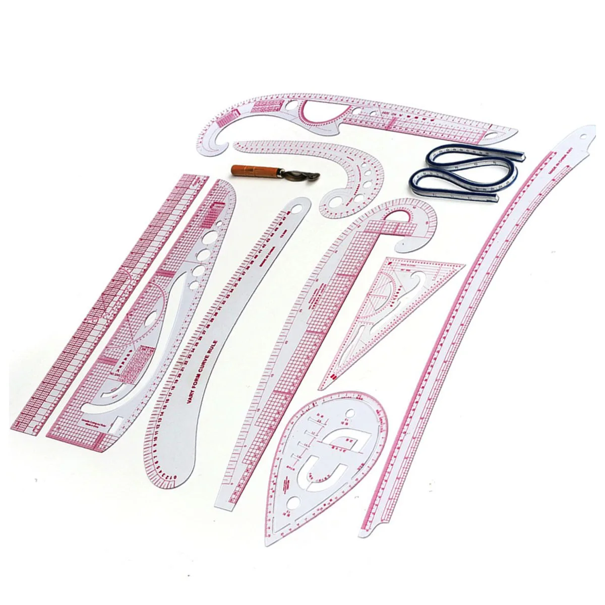 

10 Stlye Plastic Fashion Ruler Set Vary Form Curve French Curve with PGM Pattern Grading Rulers Curve Stick Pattern Design Rul