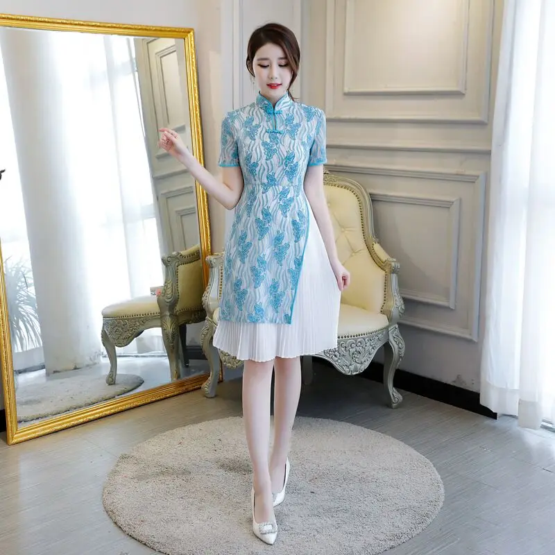 Короткое Стильное женское платье, s m ini Cheongsam, летнее китайское кружевное тонкое платье Qipao, Новое поступление, Vestidos, Размеры s m L XL XXL XXXL 27509A