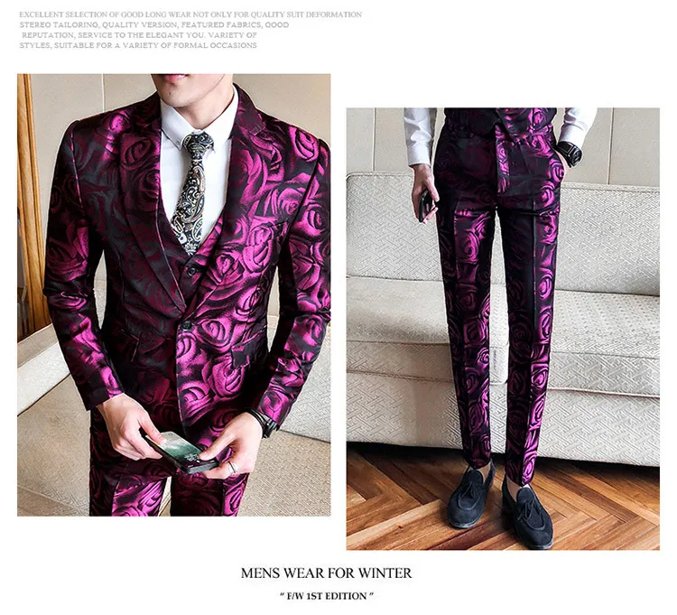 (Куртка + жилет брюки) Розовый курить Uomo костюм жениха для мужчин бизнес приталенные смокинги клуб Выходные туфли на выпускной бал костюм
