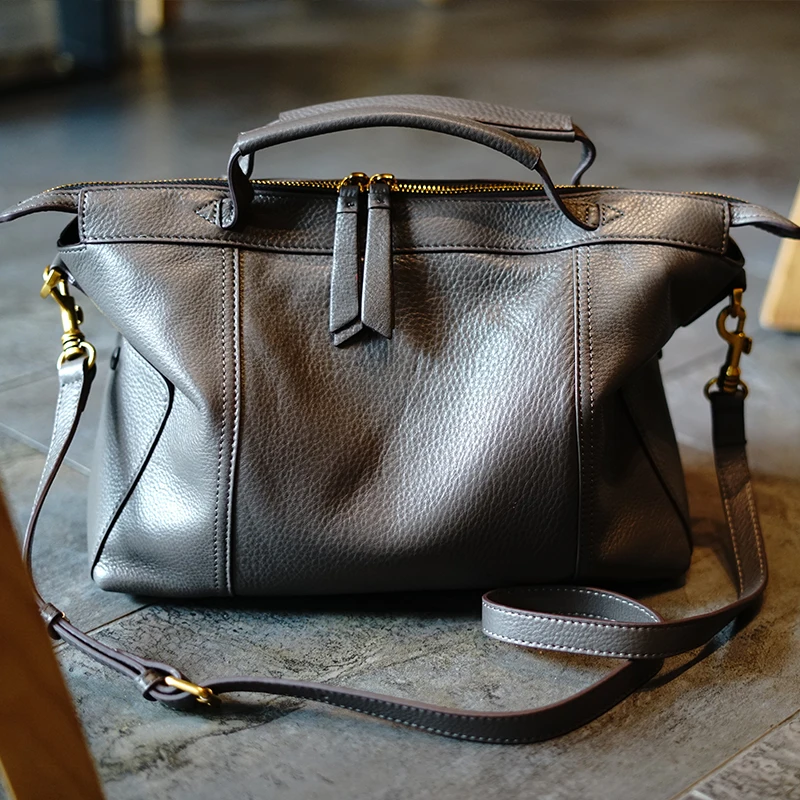

WOONAM Women Handbag Top Hide Genuine Italy Calf Leather Refined Stitch Large Top Handle Boston Shoulder Bag WB876