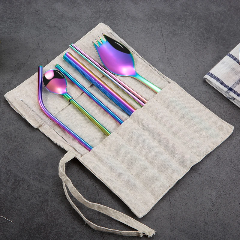 

Stainless Steel Cutlery Set Chinese Chopsticks Fork Eco-Friendly Straws Spoon Tableware Set with Bag for Travel Dinnerware Set
