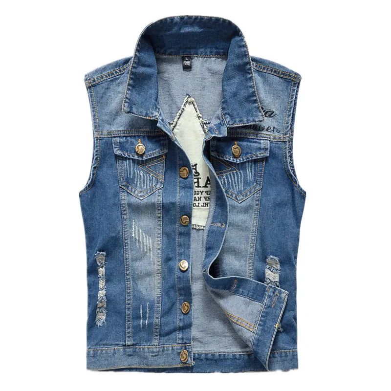 ABOORUN Plus Size Mens Denim Vest Distressed Patchwork Sleeveless