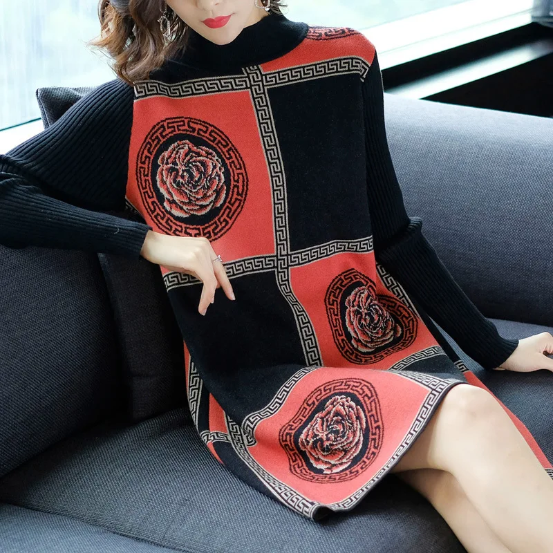 

Best Quality Women Sweater Dress 2018 Autumn Winter Kntited Ladies Floral Print Casual Pullover Dress Literary Vestidos Mujer