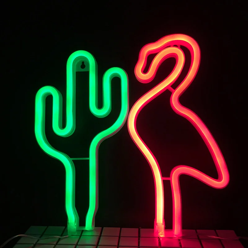 Hot Sale Led Neon Flamingo Light Cactus Holiday Night Lamp PVC Neon Sign USB  3AA Battery Led Lamp Christmas Birthday Gift desk table Green Red Wall Light  (20)