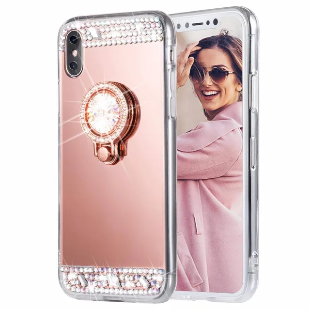 Dir-Maos For iPhone Xs Max Case Xr X 8 7 6 6s Plus 5 5s SE Women Mirror Back Panel Soft Cover Bling Finger Ring Stand Hold Cute